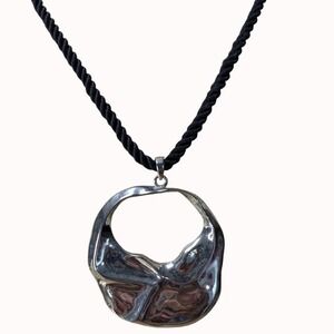 Silver-Toned Pendant Necklace With Twisted Black Cord & Lobster Clasp